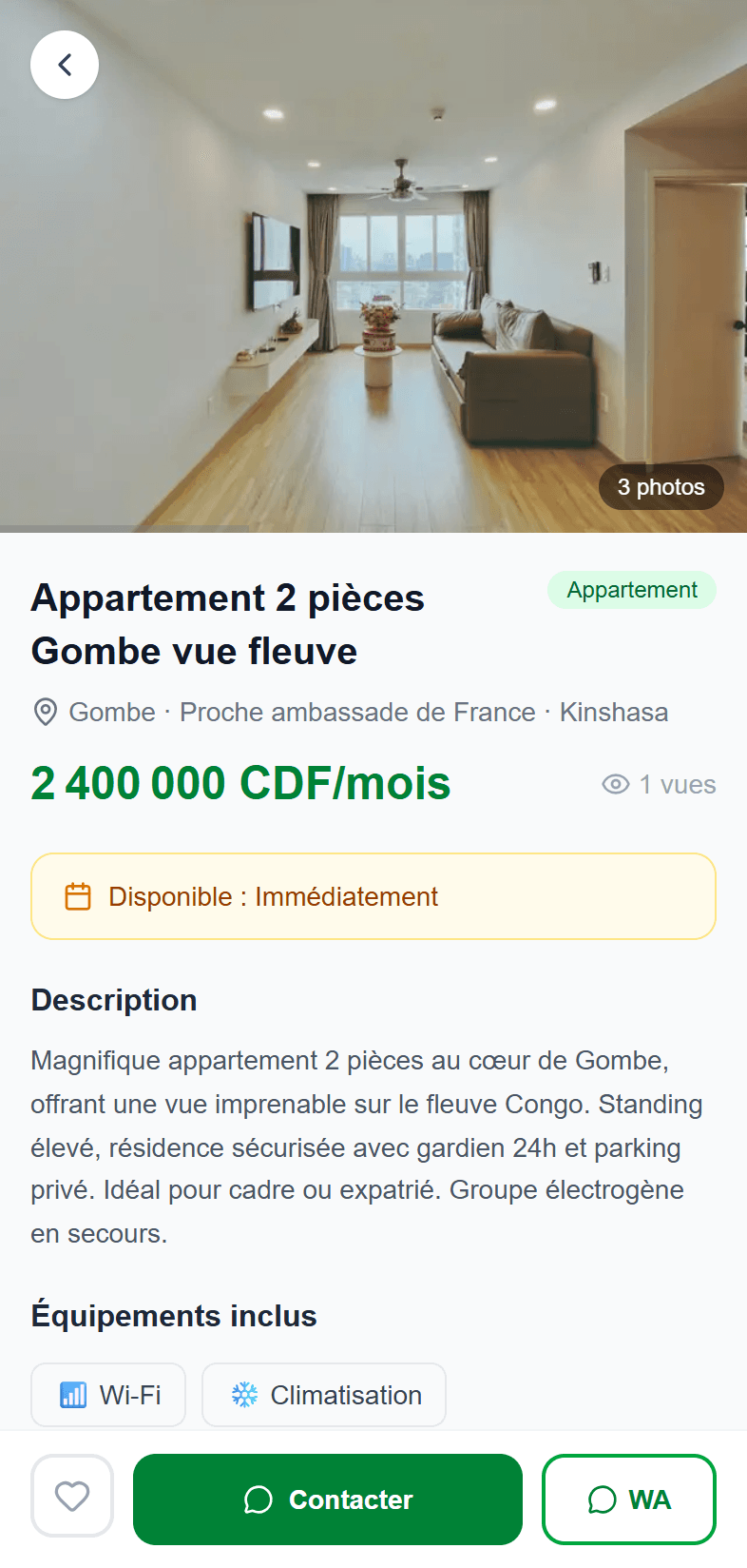 Fiche annonce Appartement Gombe